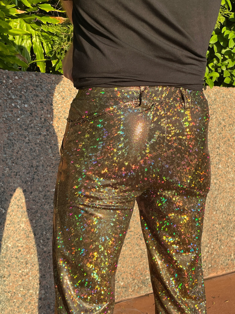 4 Pocket Disco Gold Flare Pants - Gold Disco Ball Men's Holographic Flare Pants // Metallic Mens Bell Bottoms