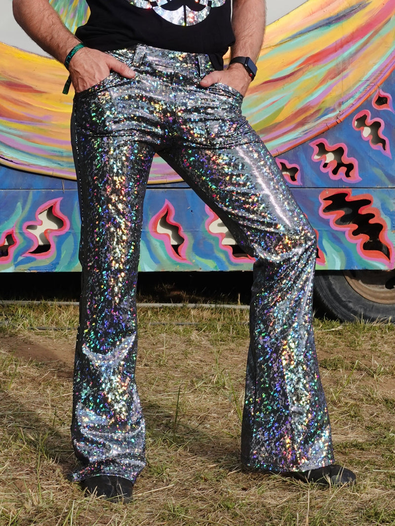 4 Pocket Disco Silver Flare Pants - Silver Disco Ball Men's Holographic Flare Pants // Metallic Mens Bell Bottoms