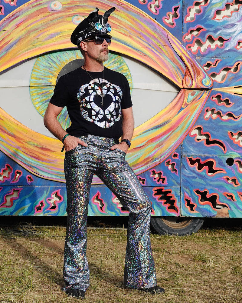 4 Pocket Disco Silver Flare Pants - Silver Disco Ball Men's Holographic Flare Pants // Metallic Mens Bell Bottoms