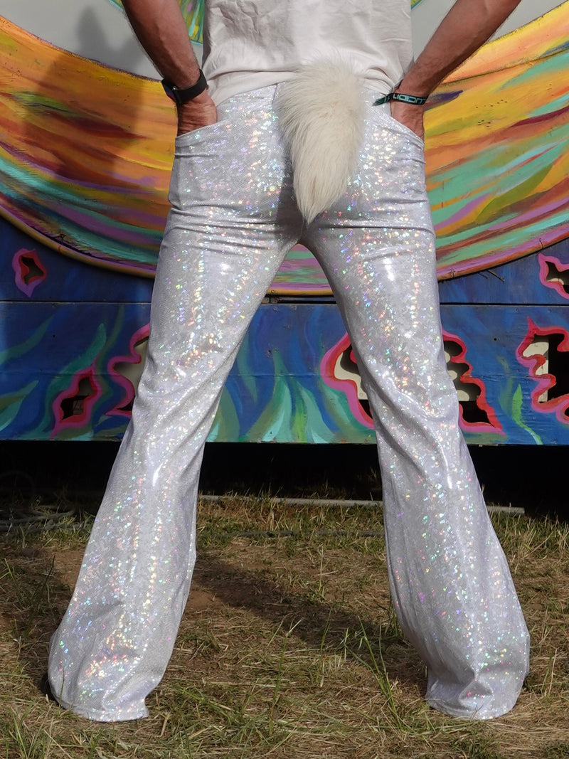 4 Pocket Disco White Flare Pants - White Disco Ball Men's Holographic Flare Pants // Metallic Mens Bell Bottoms
