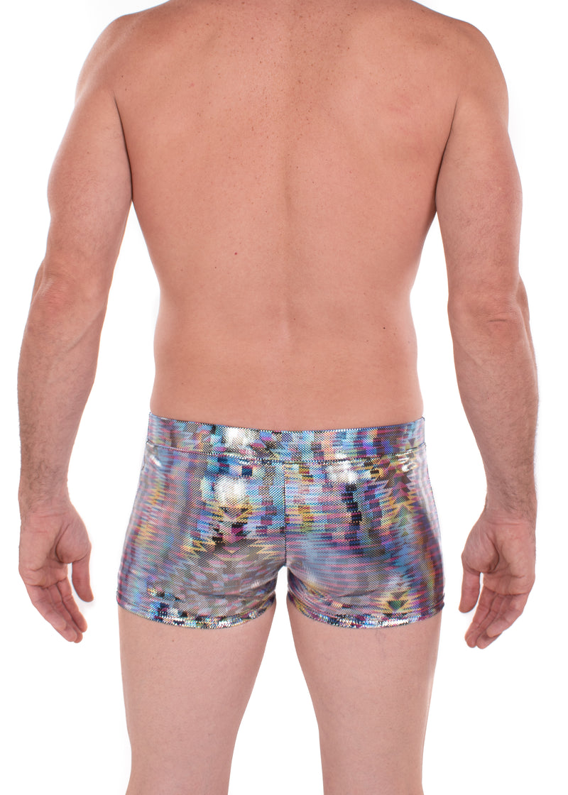 Dazzle Blue Holographic Men's Brief Booty Shorts // Square Front Swim Trunks Festival Shorts
