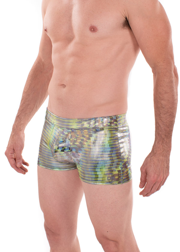 Dazzle Green Holographic Men's Brief Booty Shorts // Square Front Swim Trunks Festival Shorts