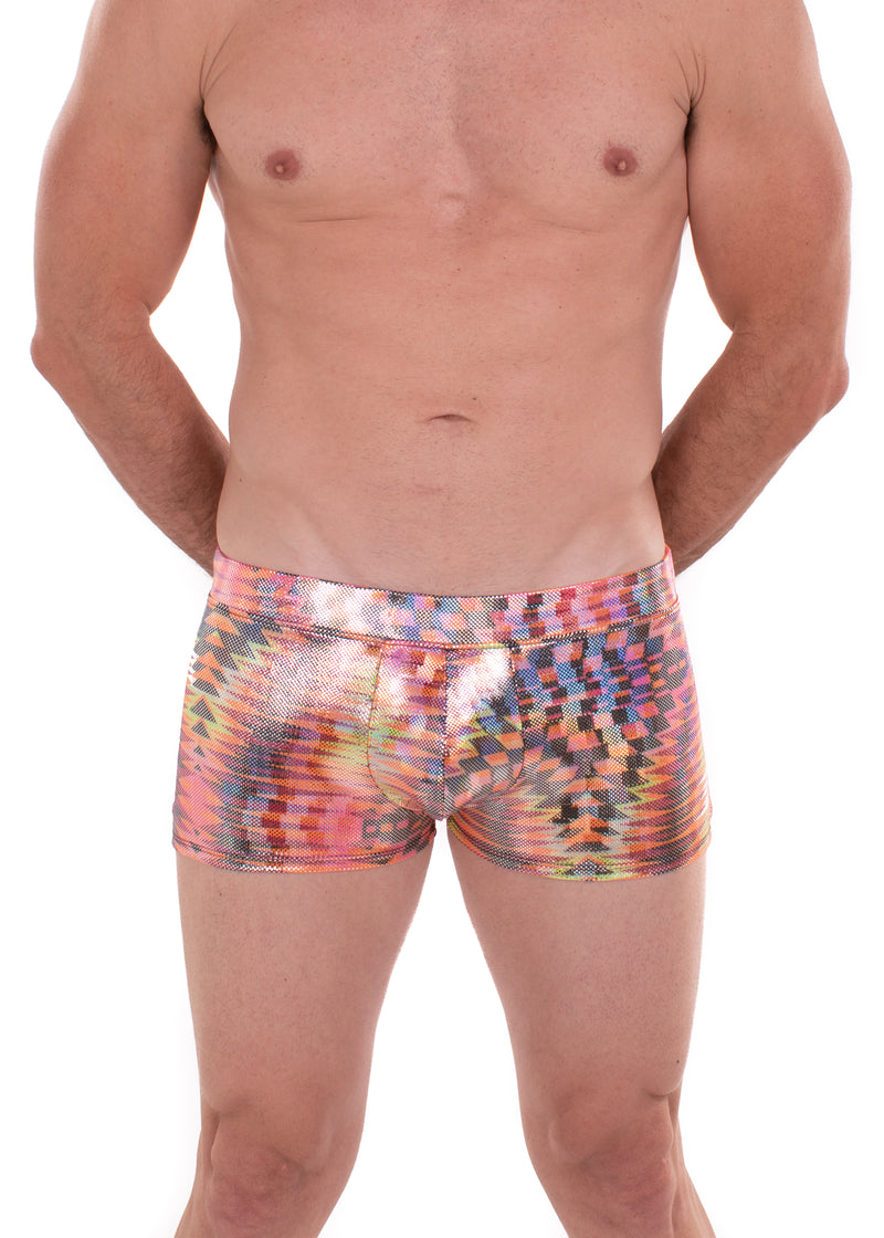 Dazzle Orange Holographic Mens Brief Booty Shorts // Square Front