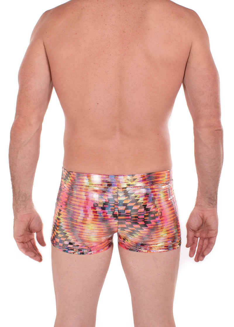 Dazzle Orange Holographic Men's Brief Booty Shorts // Square Front Swim Trunks Festival Shorts