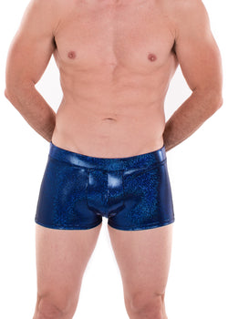 Sparkle BLUE Holographic Men's Brief Booty Shorts // Square Front Swim Trunks Festival Shorts
