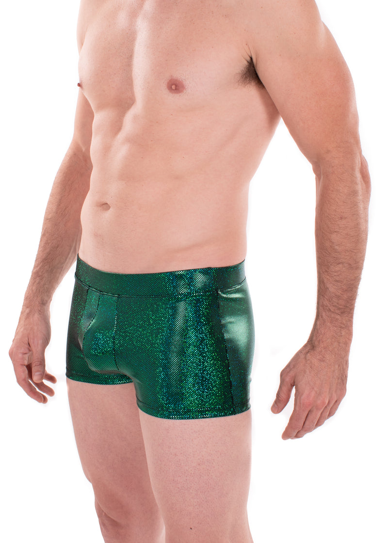 Sparkle GREEN Holographic Men's Brief Booty Shorts // Square Front Swim Trunks Festival Shorts