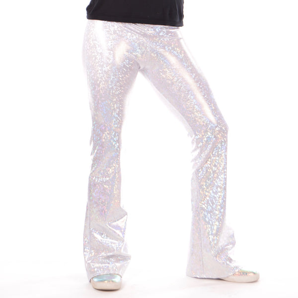 Disco White: Holographic Men's Flares - 70's Men's Bell Bottoms or White Party Outfit