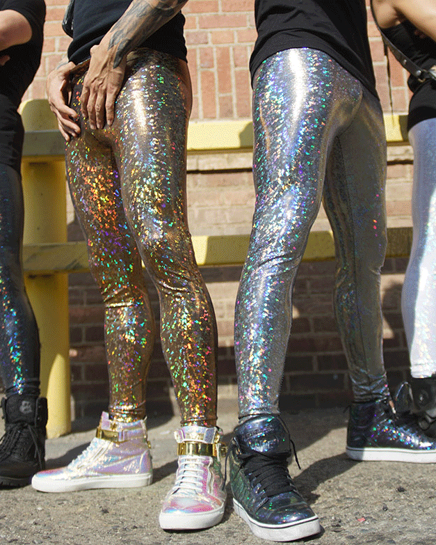 Disco Gold: Holographic Disco Gold Meggings - Mens Festival Leggings