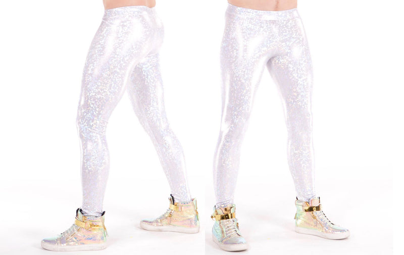 Disco Ball, Made in the USA, Holographic, White, Meggings, Leggings, Burning Man, Festival, Clothing, Men, Revolver Fashion, Los Angeles.
