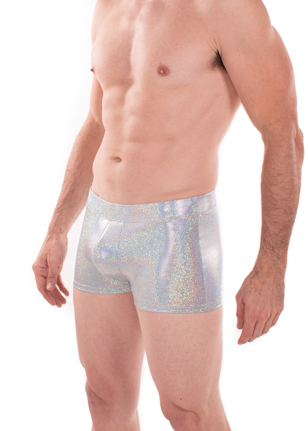 Sparkle GREY Holographic Men's Brief Booty Shorts // Square Front Swim Trunks Festival Shorts