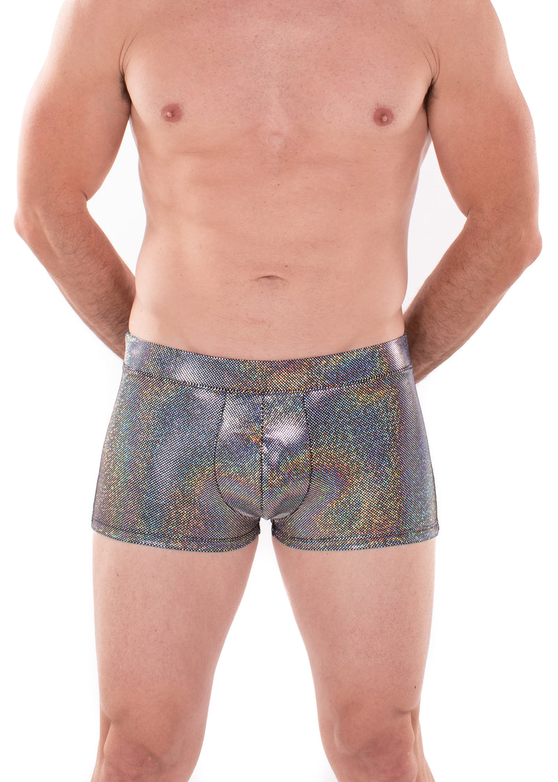 Sparkle SILVER Holographic Men's Brief Booty Shorts // Square Front Swim Trunks Festival Shorts