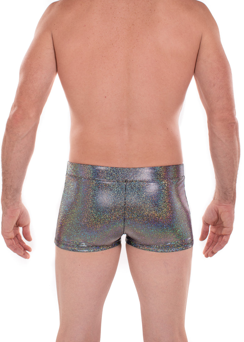 Sparkle SILVER Holographic Men's Brief Booty Shorts // Square Front Swim Trunks Festival Shorts