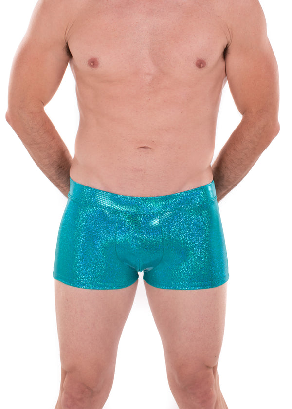 Sparkle TEAL Holographic Men's Brief Booty Shorts // Square Front Swim Trunks Festival Shorts