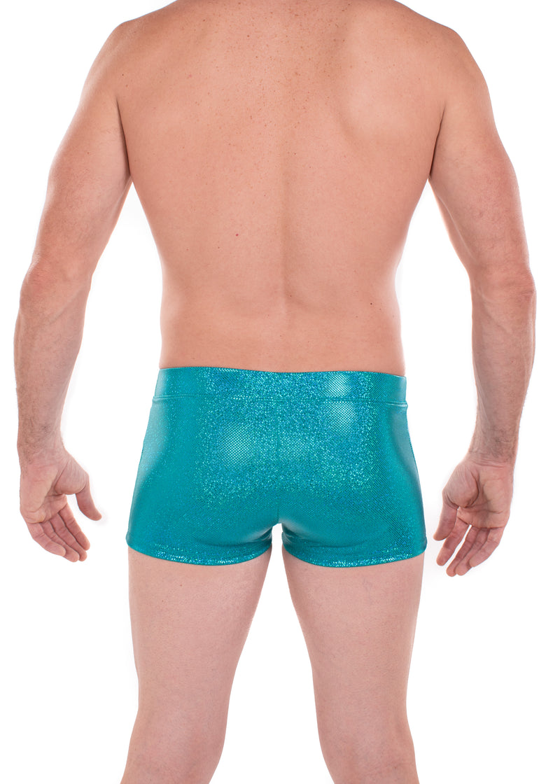 Sparkle TEAL Holographic Men's Brief Booty Shorts // Square Front Swim Trunks Festival Shorts