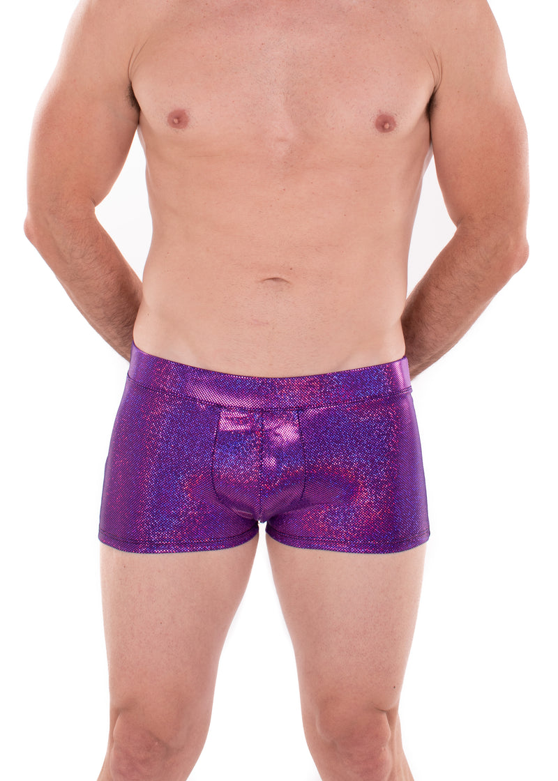 Sparkle PURPLE Holographic Men's Brief Booty Shorts // Square Front Swim Trunks Festival Shorts