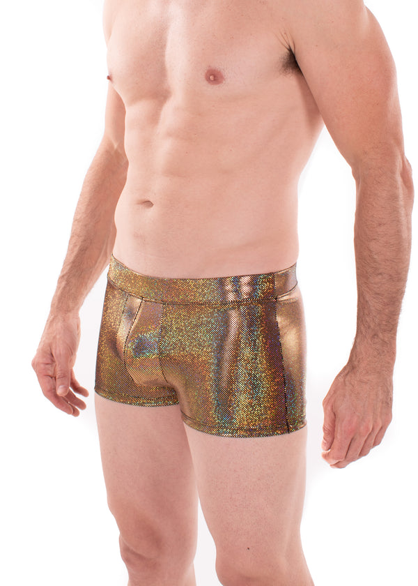 Sparkle GOLD Holographic Men's Brief Booty Shorts // Square Front Swim Trunks Festival Shorts