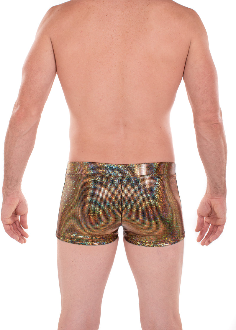 Sparkle GOLD Holographic Men's Brief Booty Shorts // Square Front Swim Trunks Festival Shorts