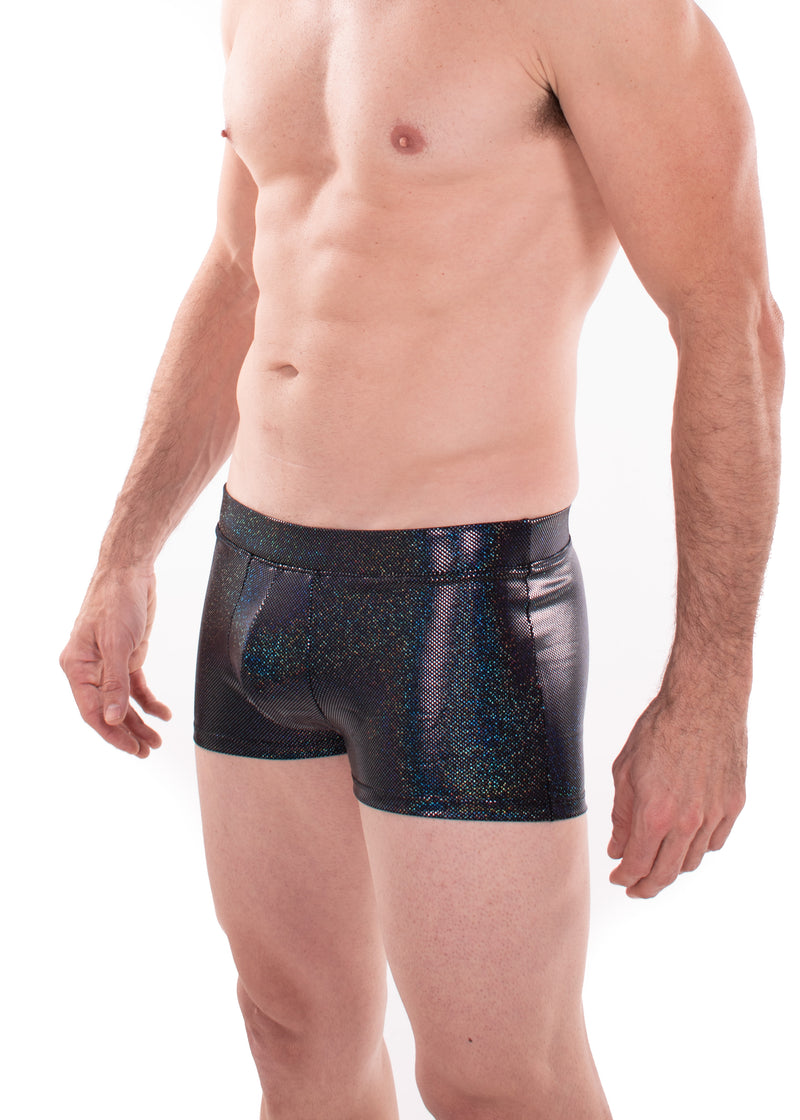 Sparkle BLACK Holographic Men's Brief Booty Shorts // Square Front Swim Trunks Festival Shorts