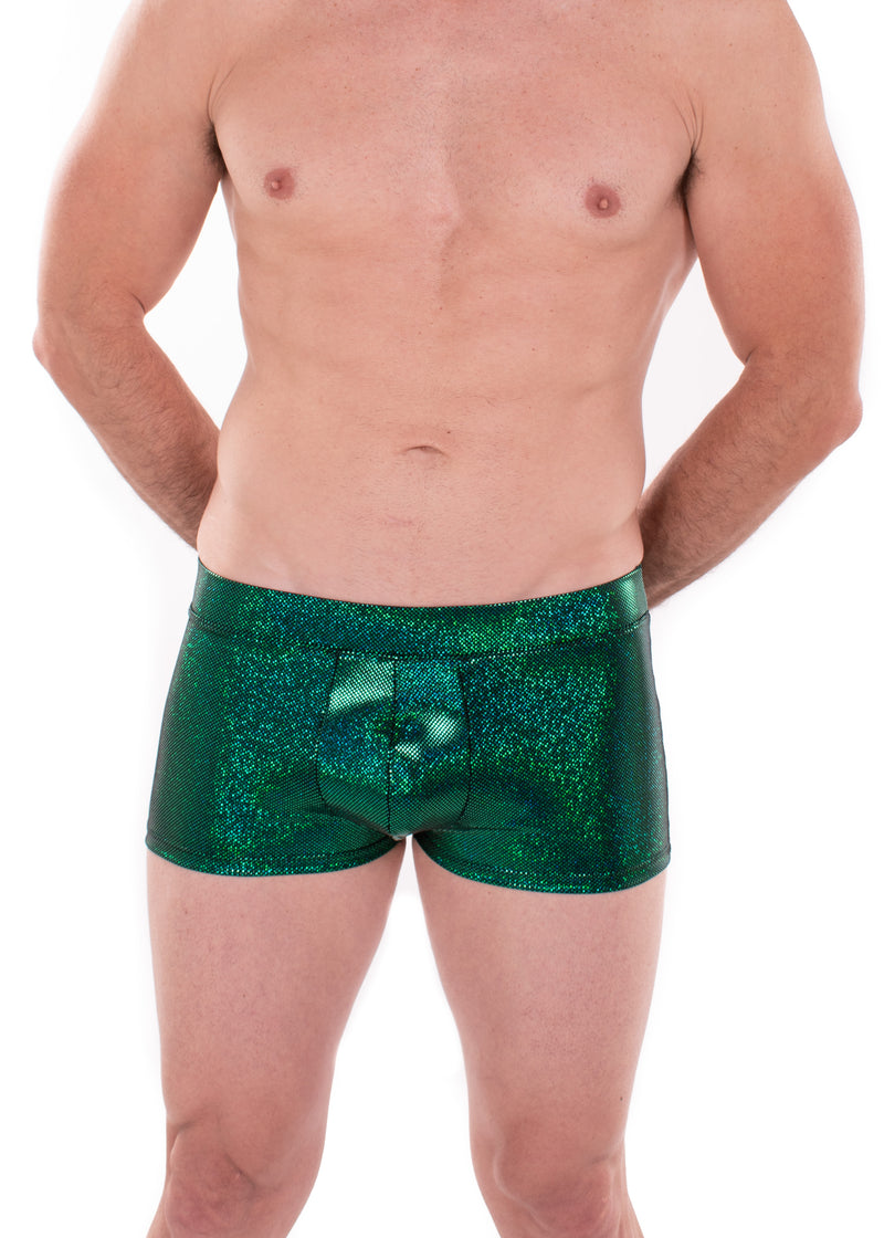 Sparkle GREEN Holographic Men's Brief Booty Shorts // Square Front Swim Trunks Festival Shorts