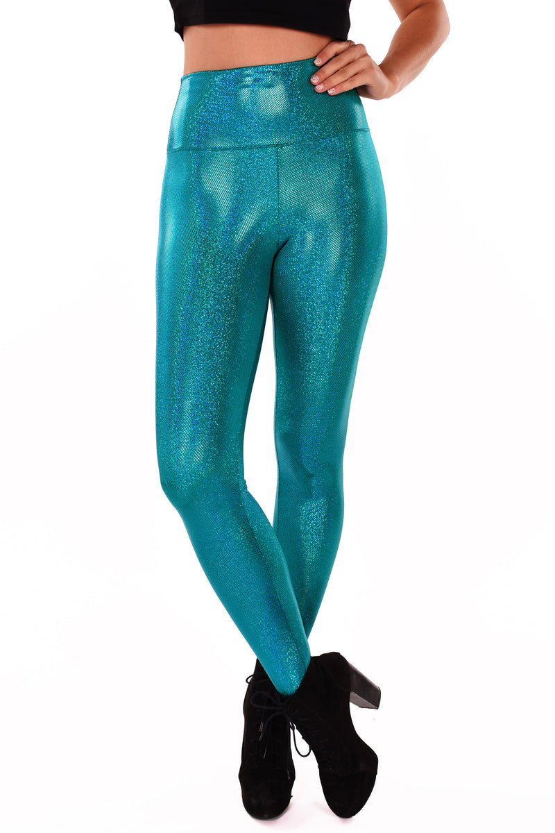 Women's Sparkle Teal Leggings // Iridescent Aqua Marine & Teal