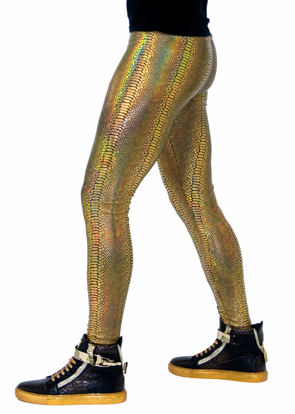 Snake Gold: Holographic Iridescent Golden Snake Skin Meggings - Men's Leggings & Rave Gear