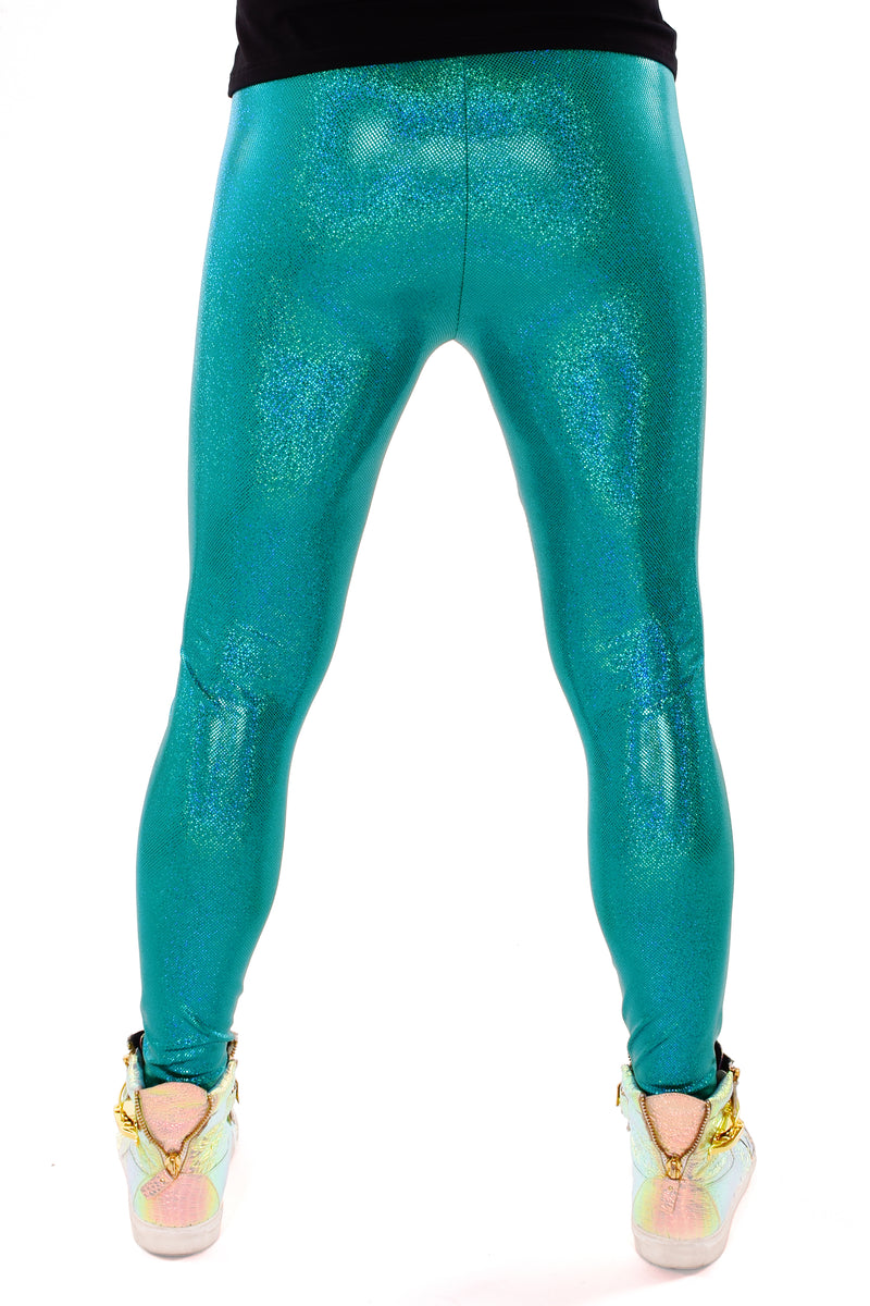 Sparkle Teal Holographic Meggings: Men's Disco Leggings - Festival Clothing For Men
