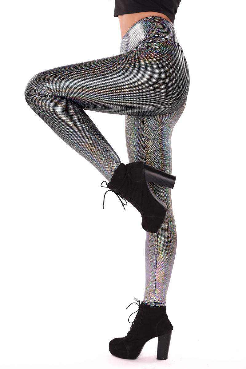 Women's Silver Iridescent Sparkle Holographic Leggings - Silver