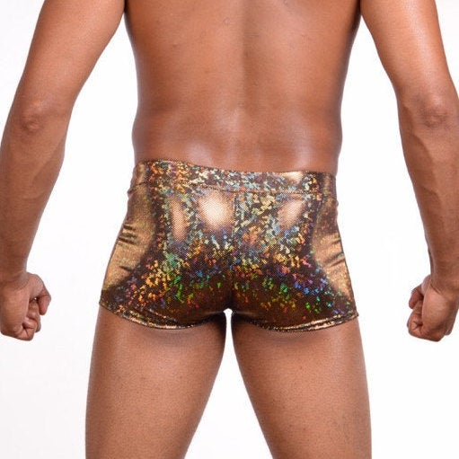 Disco Gold Holographic Booty Shorts With Front Pouch - Disco Ball- Made in the USA - Festival Clothing