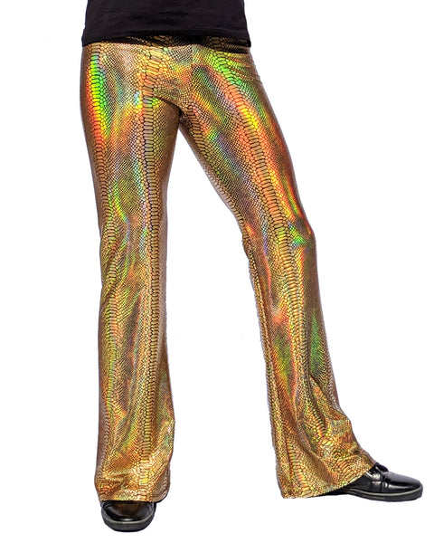 Holographic Snake Gold: Mens Flare Pants - Snake Skin Print Bell Botto ...