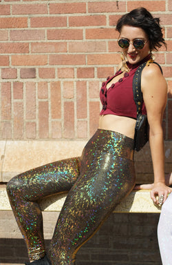 Women's Disco Gold Holographic Leggings - Daring Disco Ball
