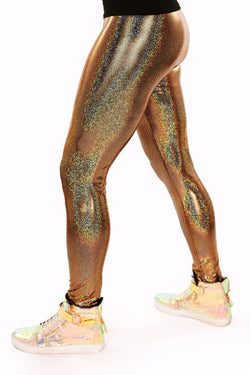 Sparkle Gold Holographic Meggings: Men's Disco Leggings - Festival Clothing For Men