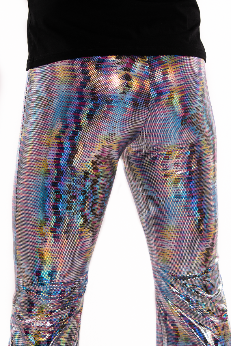 Dazzle Blue: UV Blacklight Reactive Men's Holographic Flared Pants - Trippy Bell Bottoms