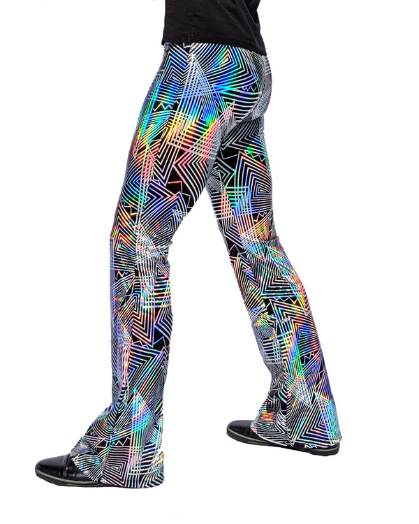 Disco Daze: Holographic Disco Flared Pants - Trippy Triangle Men's Music Festival Bell Bottoms