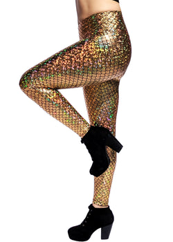 Women's Gold Mermaid Holographic Leggings - Mesmerizing Mermaid - Fish Scale