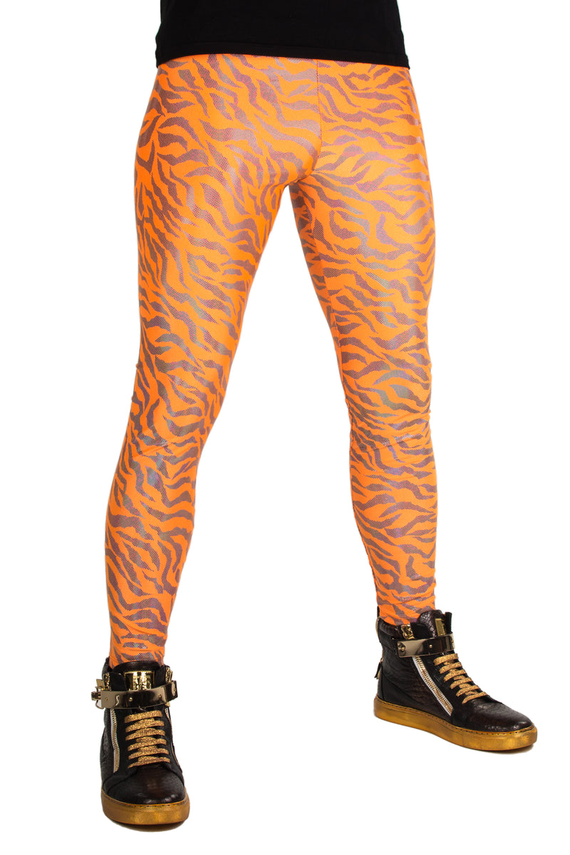 Neon Tiger Orange: Animal Print Meggings - UV Blacklight Reactive Mens Leggings