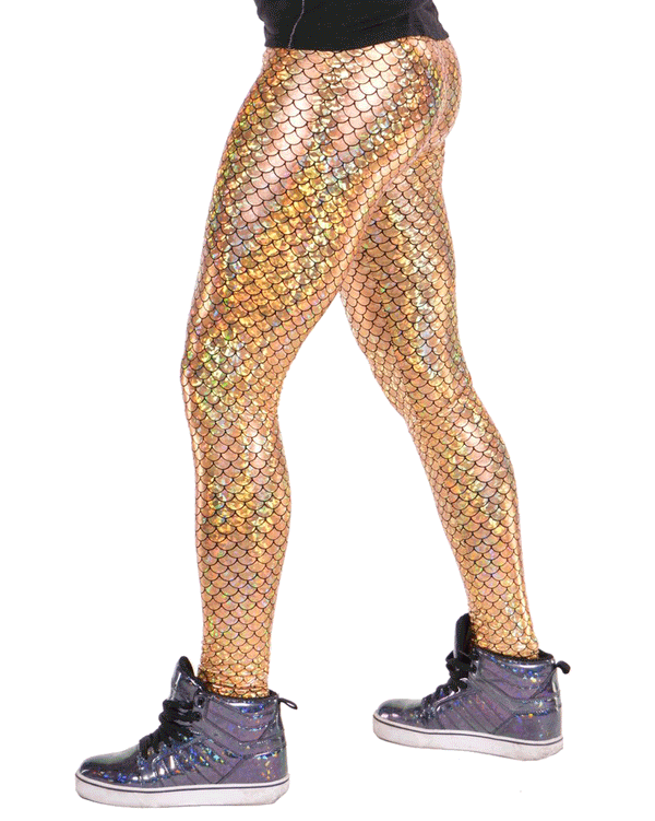 Gold Mermaid: Holographic Merman Meggings - Mermaid Scale Mens Leggings