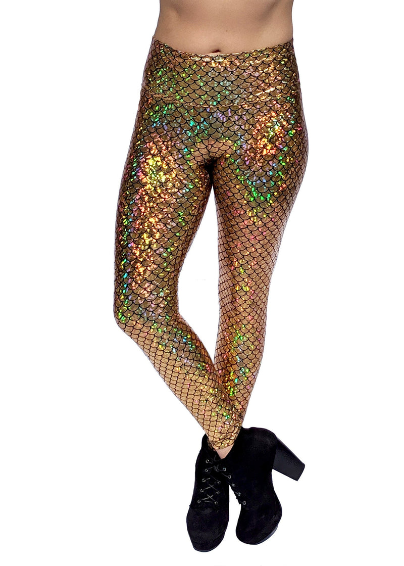 Women's Gold Mermaid Holographic Leggings - Mesmerizing Mermaid - Fish Scale