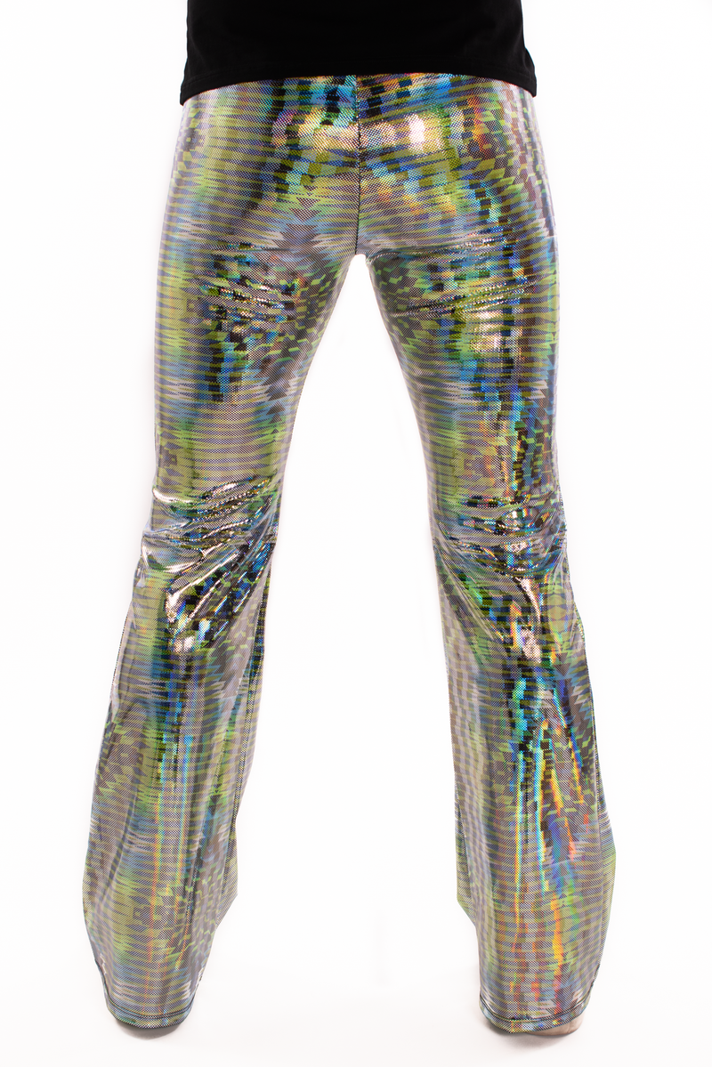 Dazzle Green: UV Blacklight Reactive Men's Holographic Flared Pants - Trippy Tribal Print Bell Bottoms
