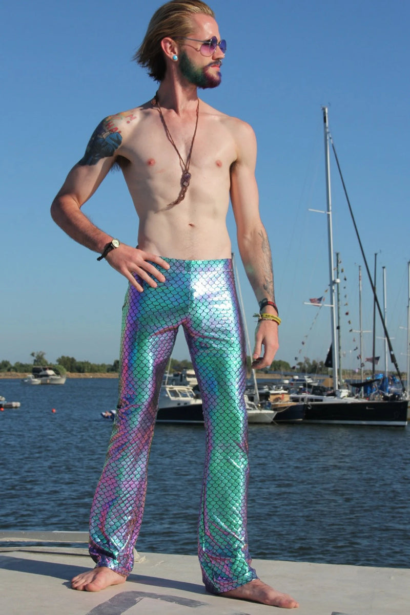 Fish Green Mermaid: Mens Holographic Green-Gold-Purple Merman Flared Pants - Aqua Merman Costume Flares