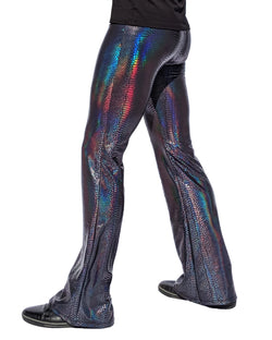 Snake Black: Holographic Iridescent Mens Flare Pants - Snake Skin Print Bell Bottoms