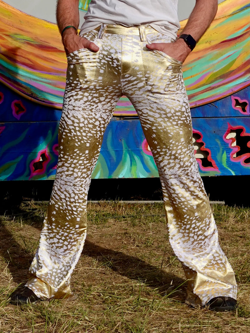4 Pocket Sex Panther White Gold Flare Pants Holographic