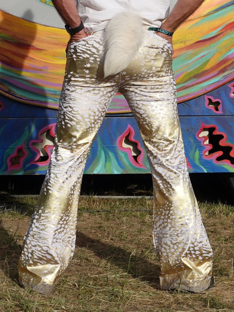 4 Pocket Sex Panther White - Gold Flare Pants - Holographic Metallic Mens Bell Bottoms
