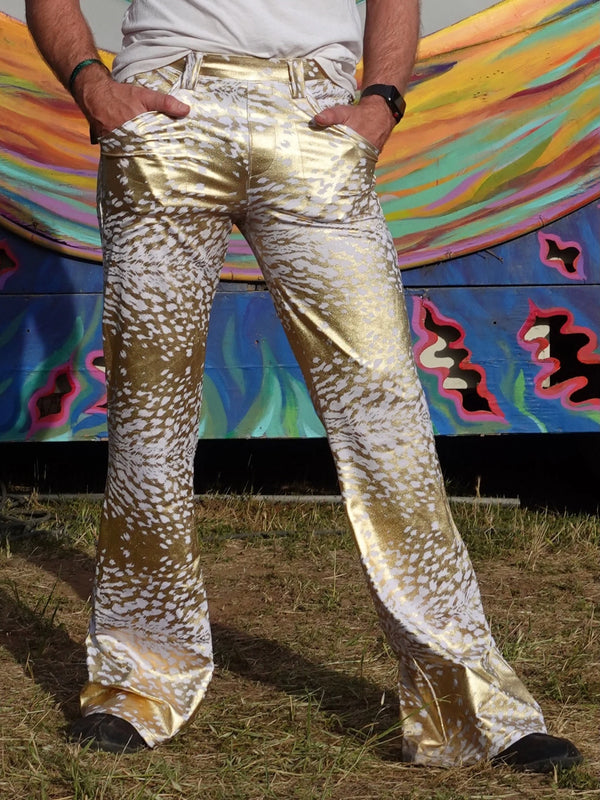4 Pocket Sex Panther White - Gold Flare Pants - Holographic Metallic Mens Bell Bottoms